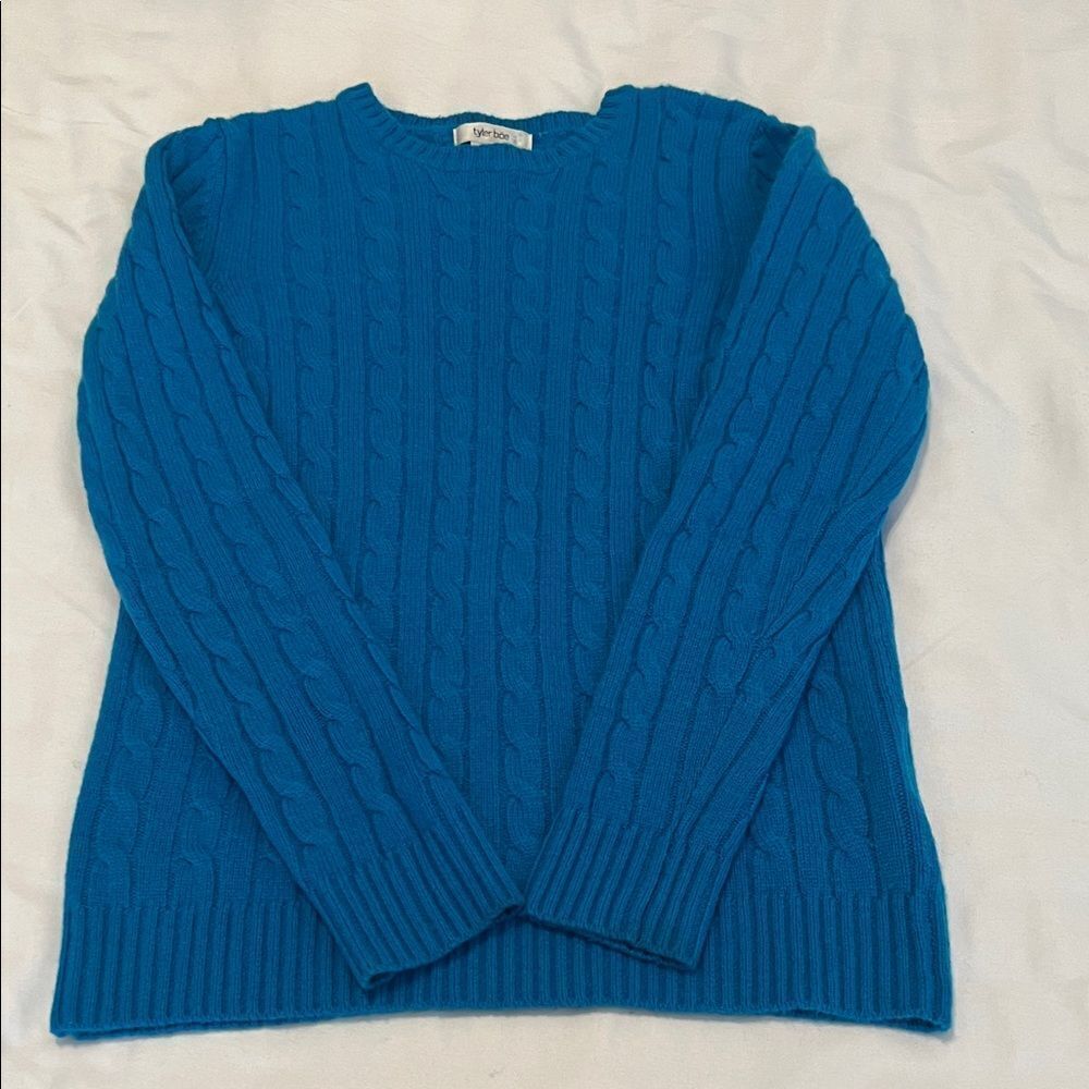 Tyler Boe size small blue cable knit 100% cashmere sweater EUC
